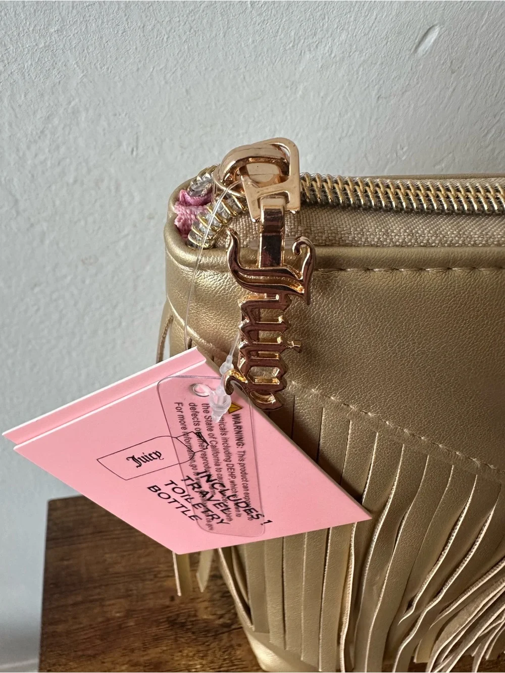 Juicy Couture Metallic Gold Fringe Cosmetic Bag with Embroidered Logo NWT